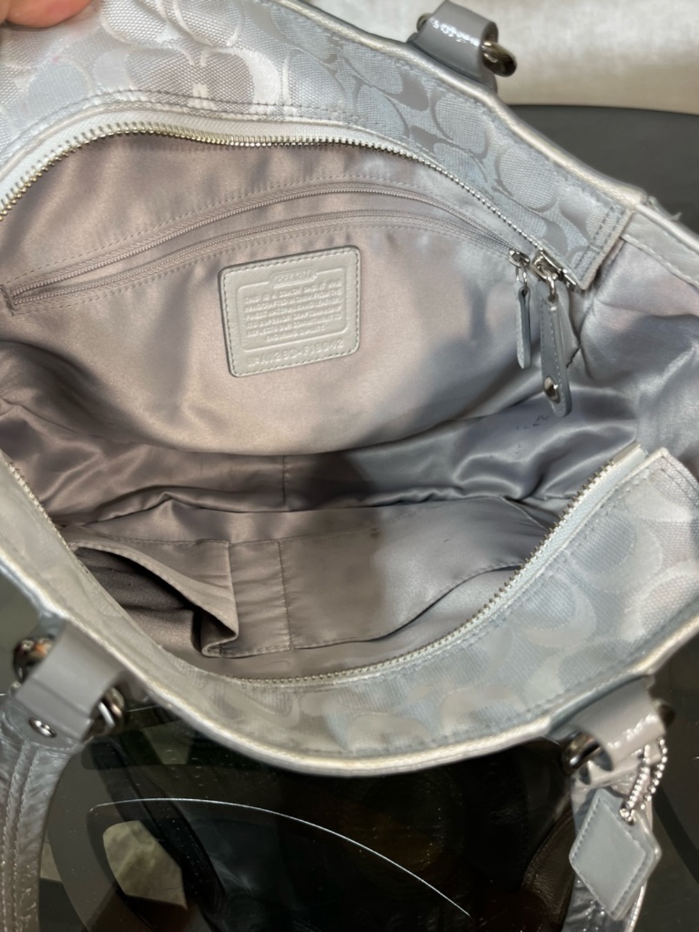 Coach Circle Patchwork East West Tote in a gray and cream color scheme - Picture 6 of 7